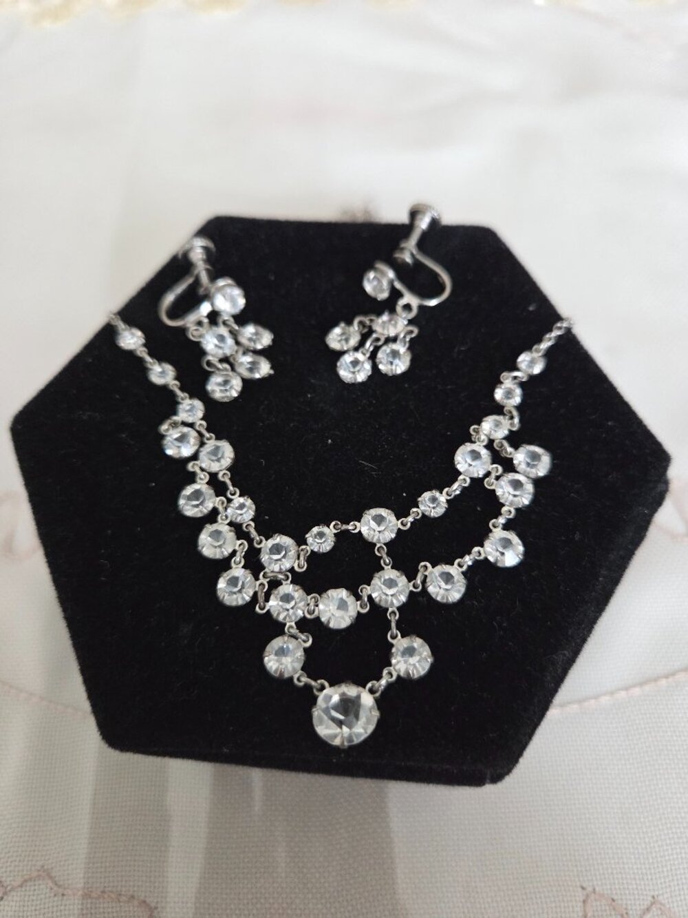 Vintage Crystal Silver Tone Earring and Necklace Set